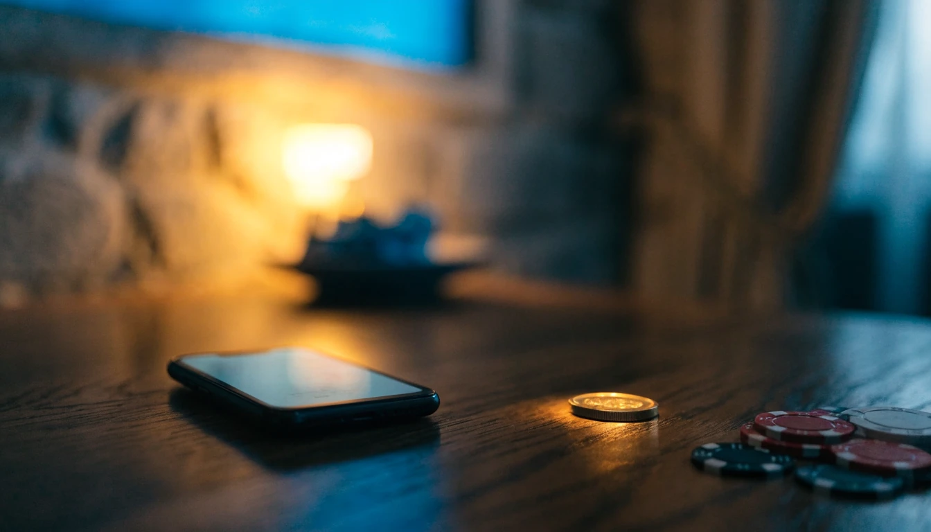 Pametni telefon, zlatni bitcoin i žetoni kasina na stolu