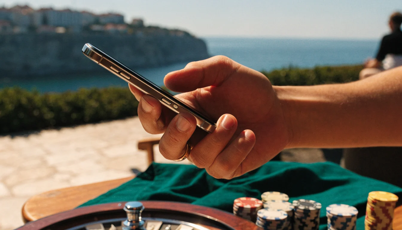 Ruka drži iPhone na terasi s pogledom na more uz kazino žetone