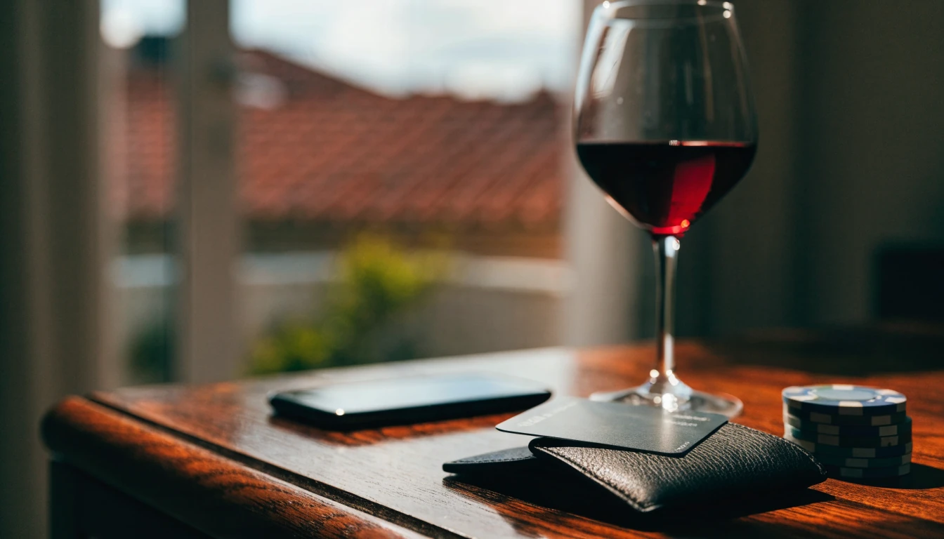 Maestro kartica, čipovi za kazino i čaša vina na stolu
