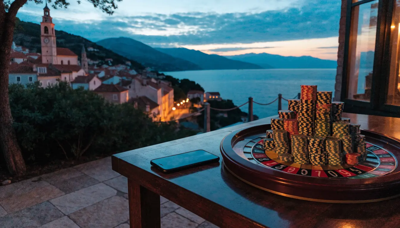Noćni pogled na jadransku obalu s kockicama za kockanje na stolu
