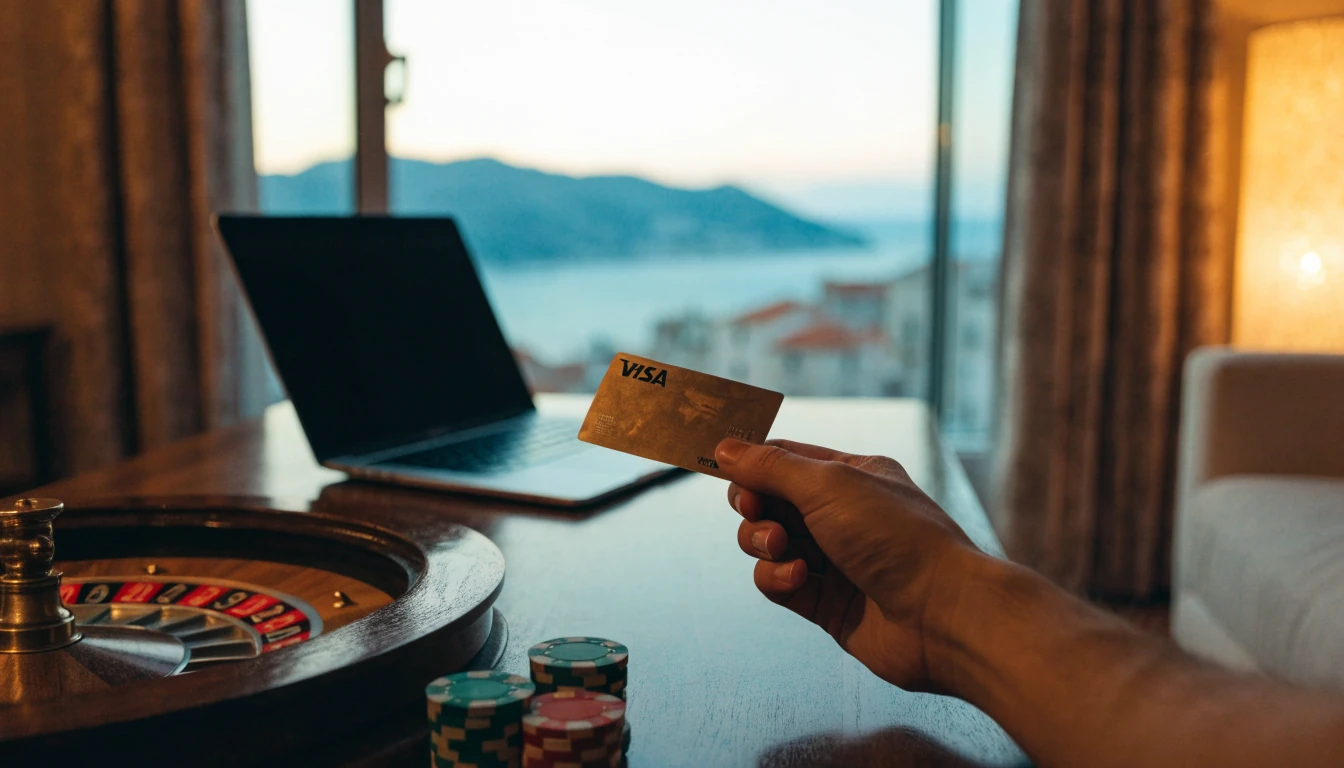 Visa kartica, casino žetoni i rulet na stolu uz laptop