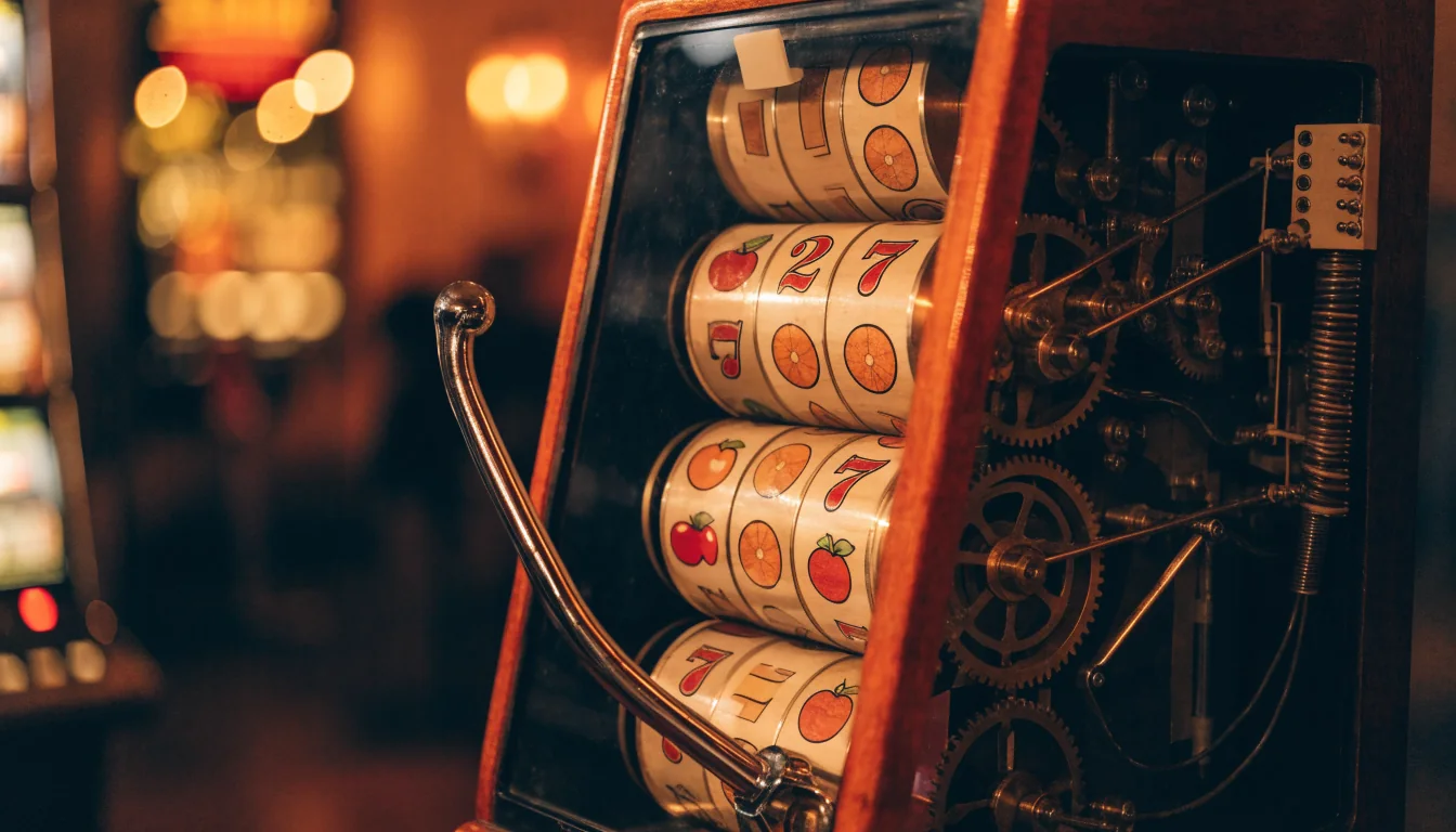 Unutrašnjost klasičnog slot automata s kolutima i simbolima voća