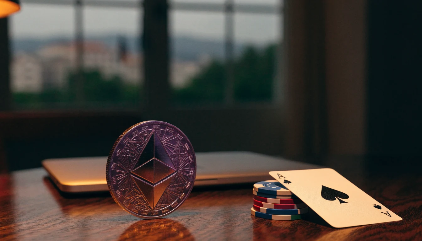 Ethereum kovanica, žetoni za poker i zatvoreni laptop na stolu