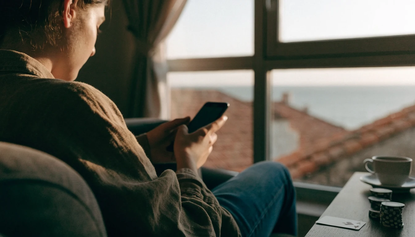 Osoba na kauču uz pametni telefon i žetone za klađenje