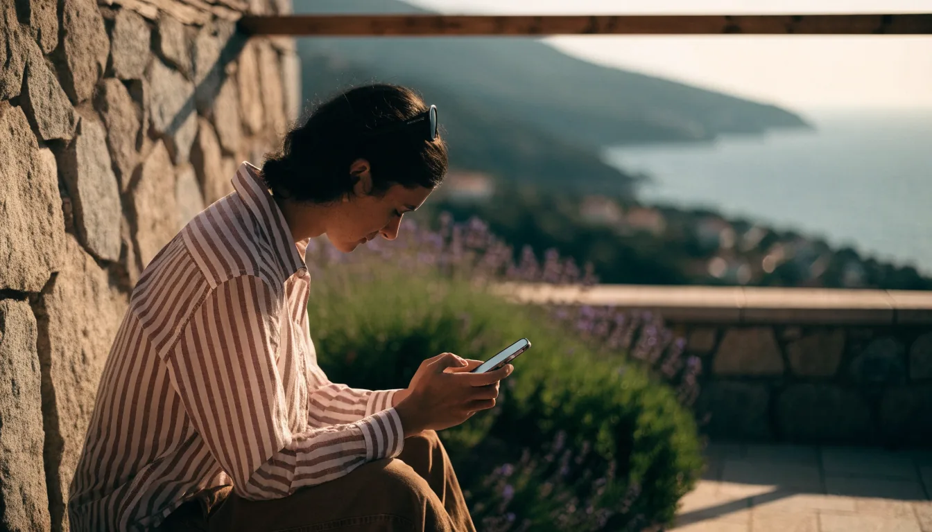 Osoba na terasi gleda u telefon s pogledom na more