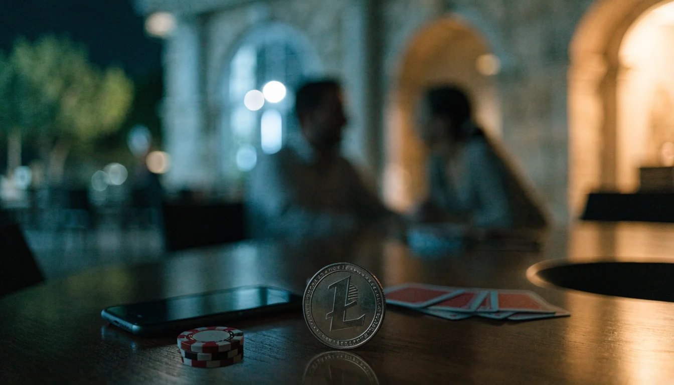 Litecoin kovanica, casino žetoni i telefon na stolu