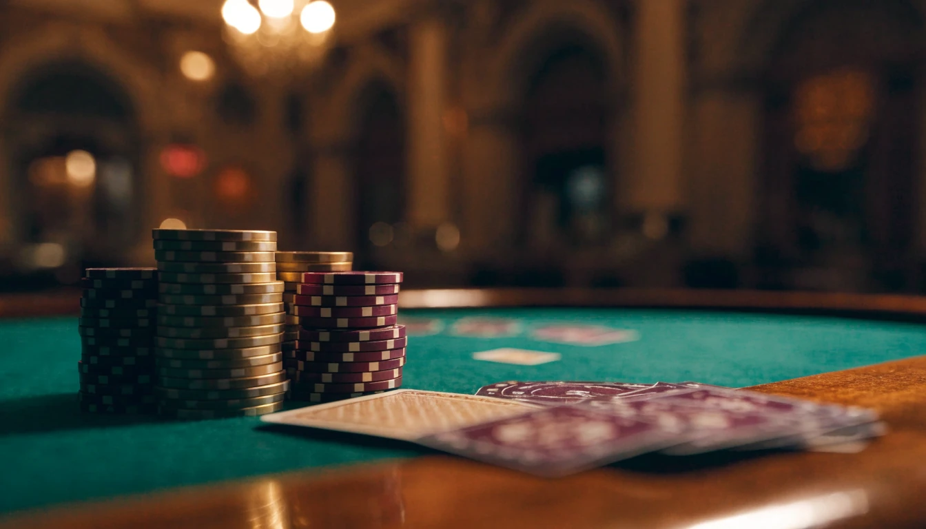 Stol za blackjack s hrpom žetona i kartama na zelenom suknu