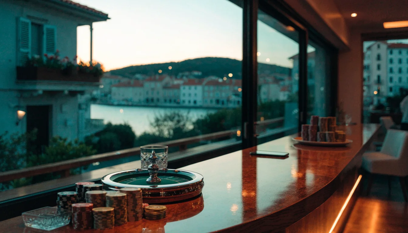 Moderan hrvatski lounge s hrpom žetona i zatvorenim rouletteom na zelenom stolu