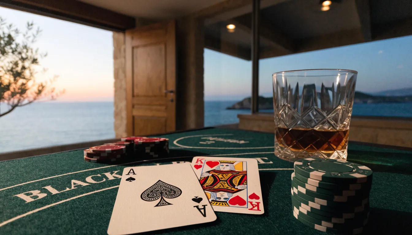 Stol za blackjack s žetonima i kartama uz pogled na hrvatsku obalu noću