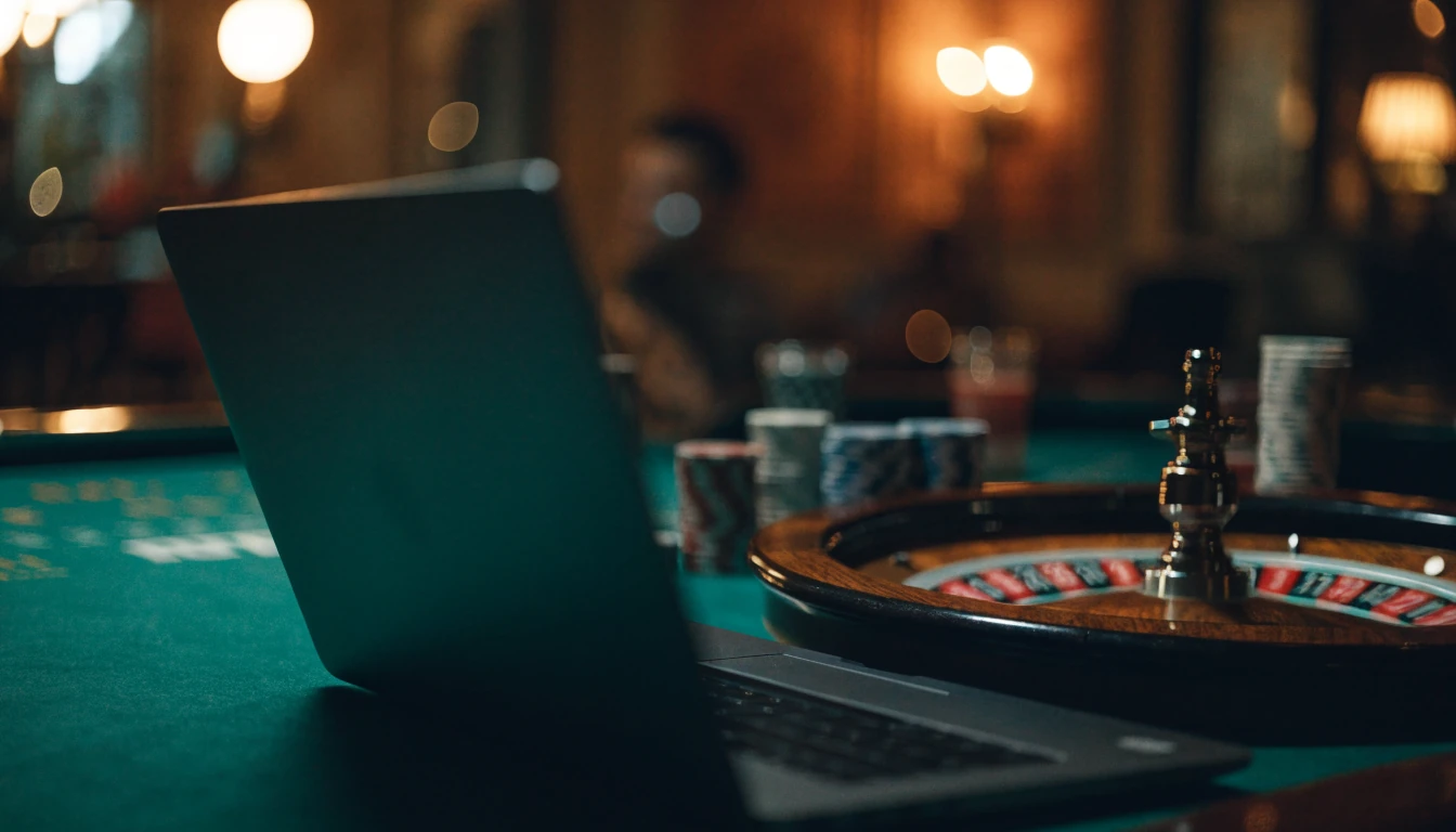 Stol za rulet s čipovima i laptopom, casino atmosfera