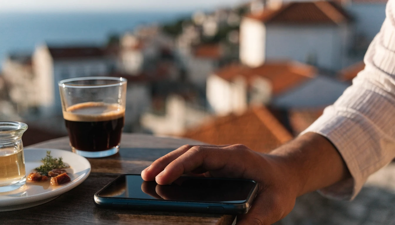 Ruka drži pametni telefon na stolu uz more u Hrvatskoj